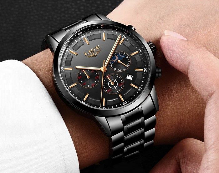 Business Styled Quartz Watch Chronograph Calendar Waterproof for Men with Stainless Steel Strap