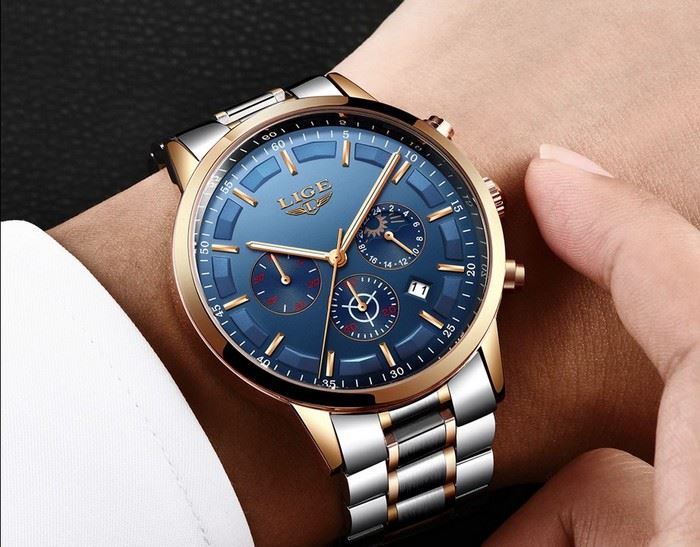 Business Styled Quartz Watch Chronograph Calendar Waterproof for Men with Stainless Steel Strap